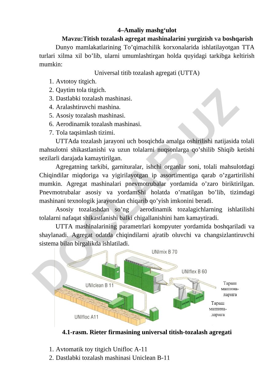 Titish tozalash agregat mashinalarini yurgizish va boshqarish