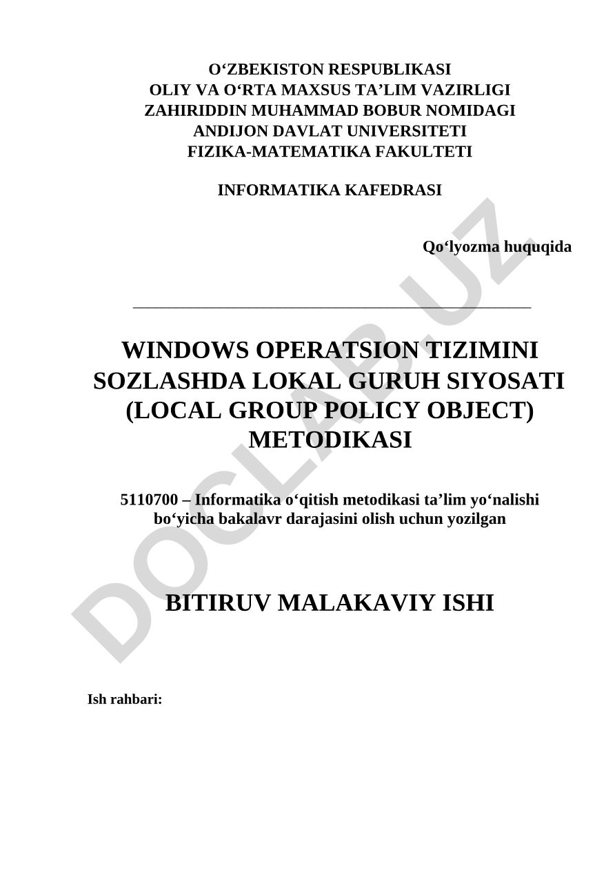 Windows operatsion tizimini sozlashda lokal guruh siyosati (Local Group Policy Object) metodikasi