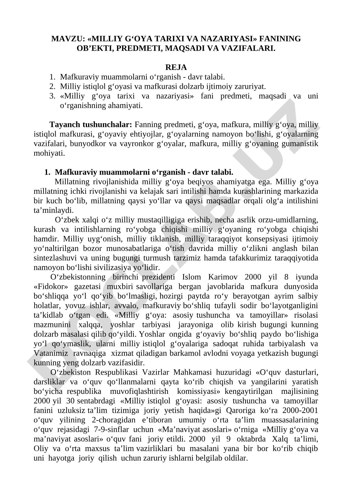 Milliy g'oya tarixi va nazariyasi fanining ob'ekti, predmeti, maqsadi va vazifalari