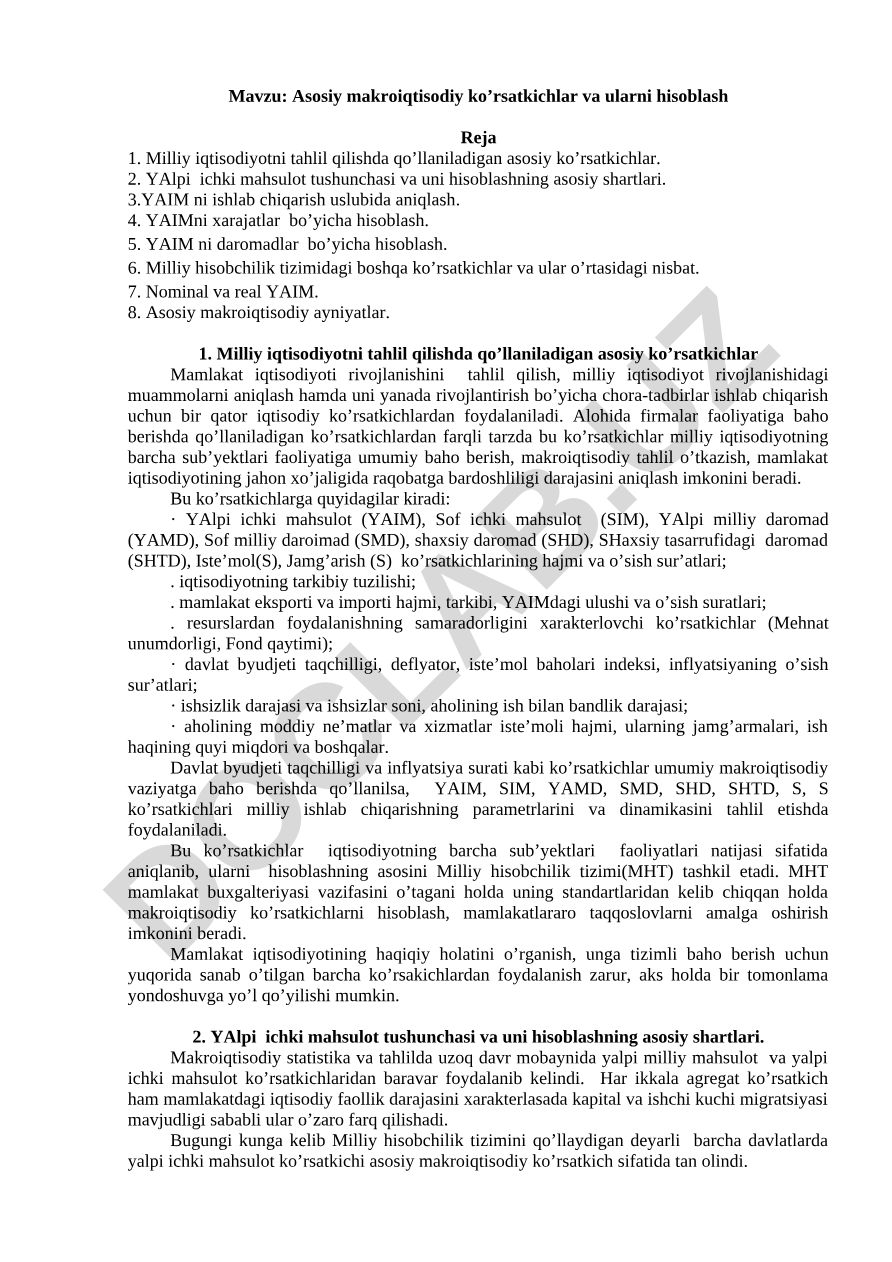 Asosiy makroiqtisodiy ko’rsatkichlar va ularni hisoblash