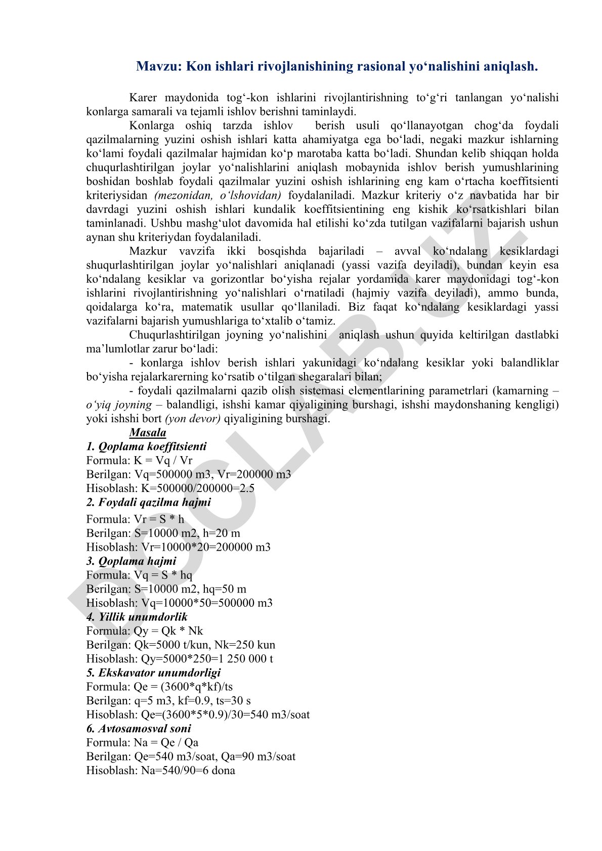 Kon ishlari rivojlanishining rasional yo‘nalishini aniqlash
