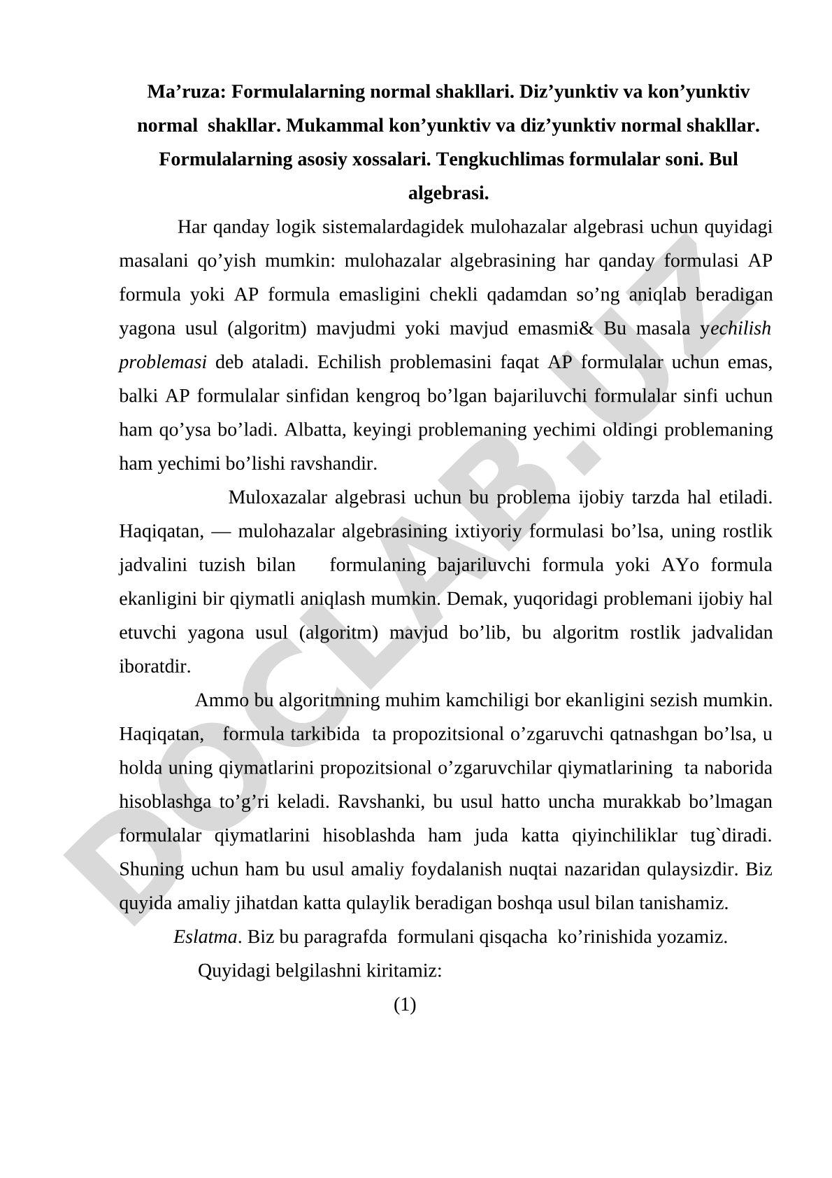 Formulalarning normal shakllari va mulohazalar algebrasi