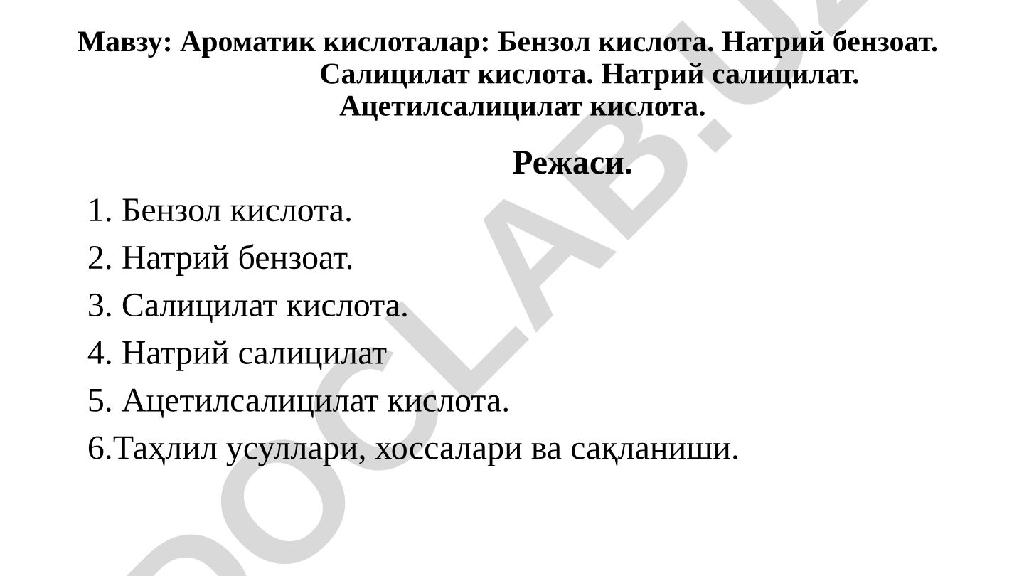 Ароматик кислоталар: Бензол кислота. Натрий бензоат. Салицилат кислота. Натрий салицилат. Ацетилсалицилат кислота