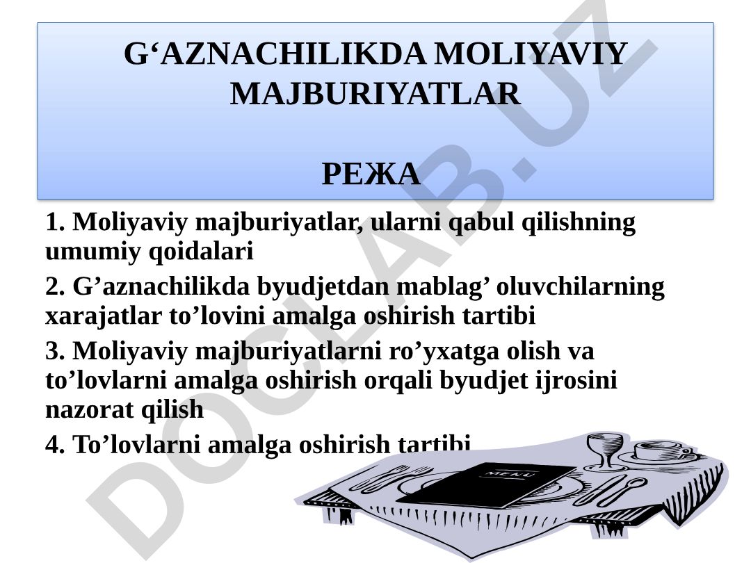 G‘aznachilikda moliyaviy majburiyatlar rejasi va byudjet ijrosi nazorati