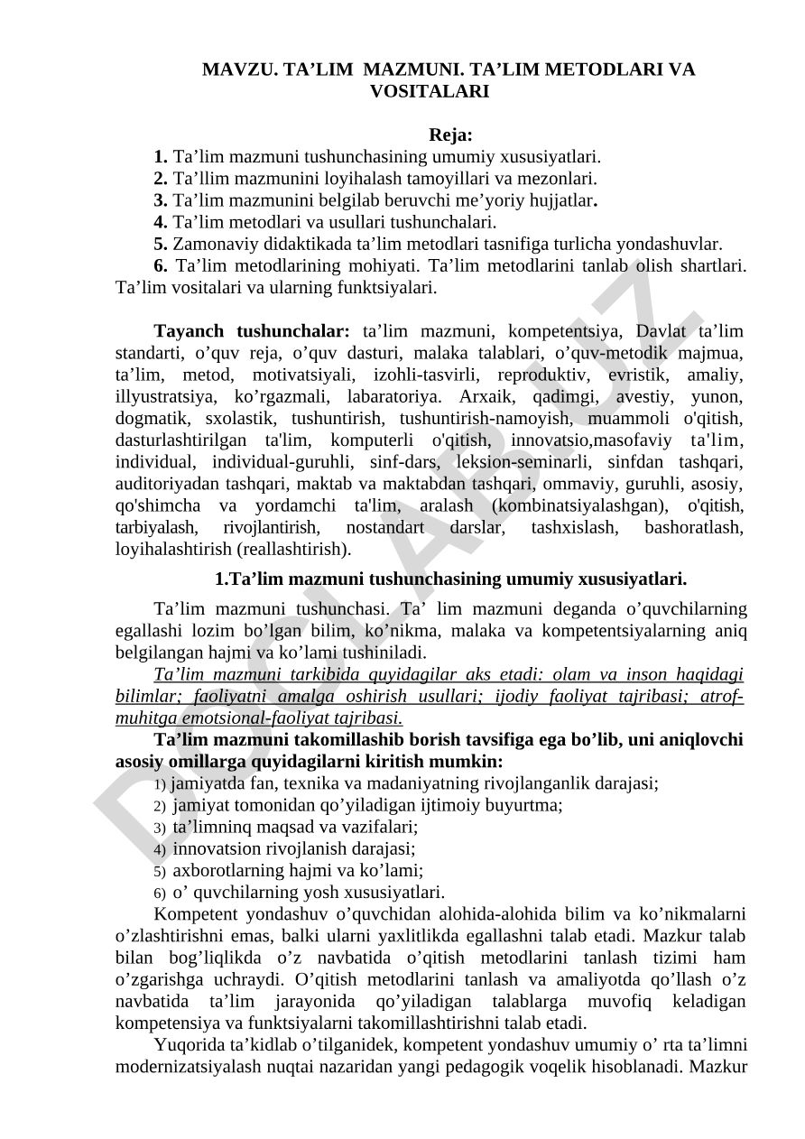 TA’LIM MAZMUNI. TA’LIM METODLARI VA VOSITALARI