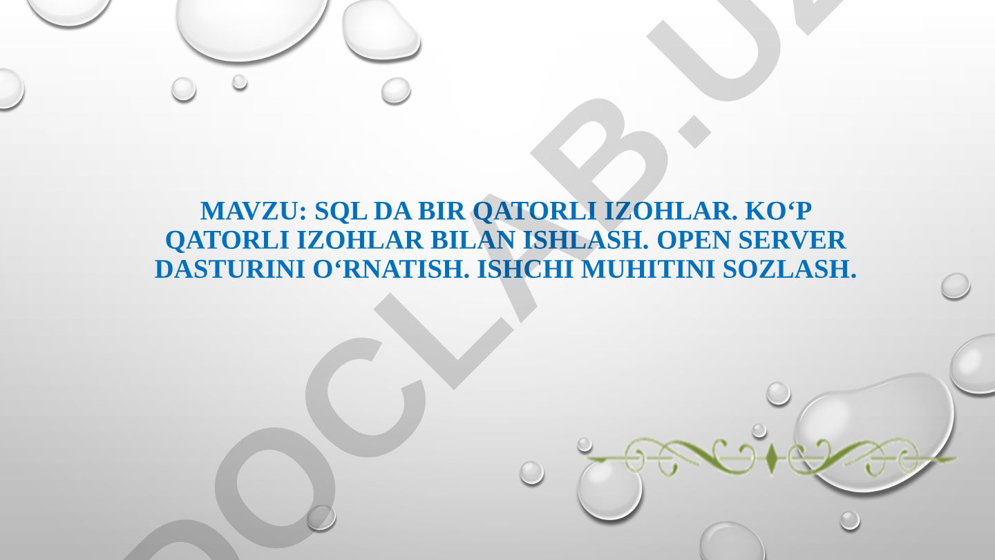 SQL da bir qatorli izohlar. Ko‘p qatorli izohlar BILAN ISHLASH. Open Server dasturini o‘rnatish. Ishchi muhitini sozlash