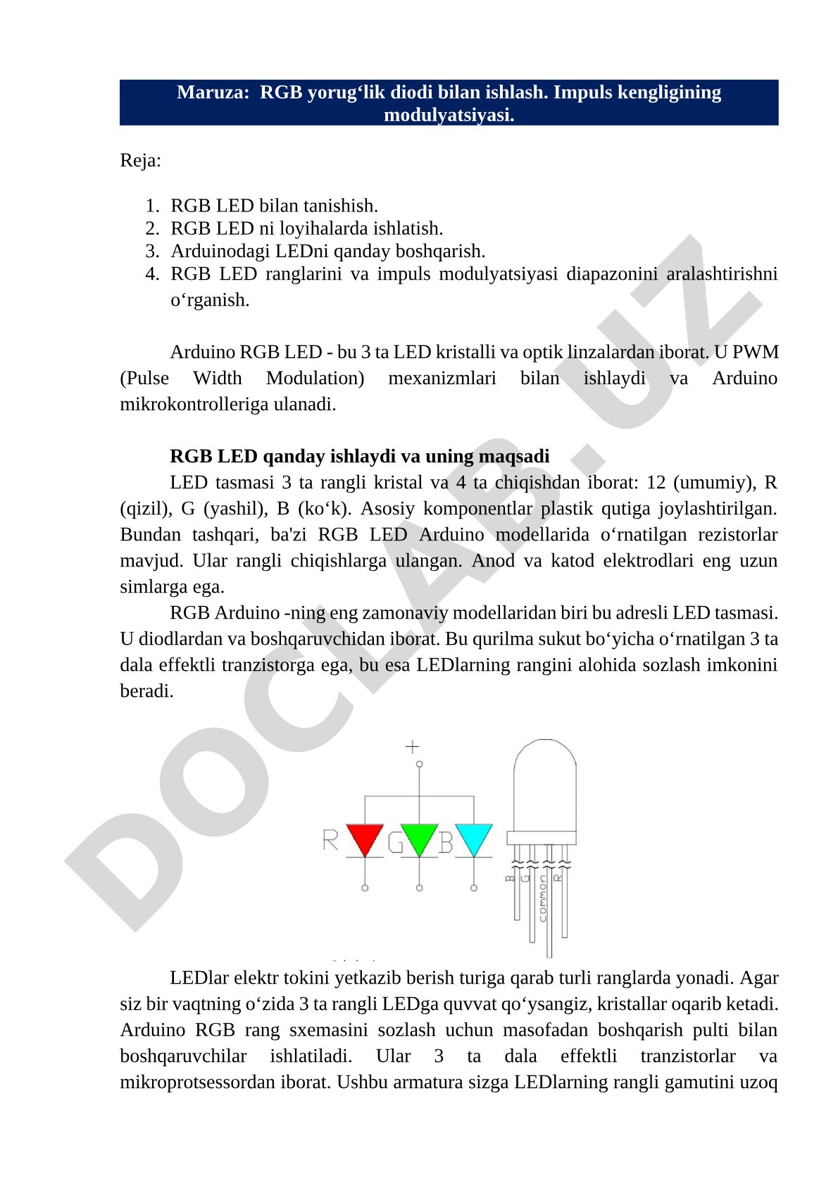RGB yorug‘lik diodi bilan ishlash va impuls kengligining modulyatsiyasi