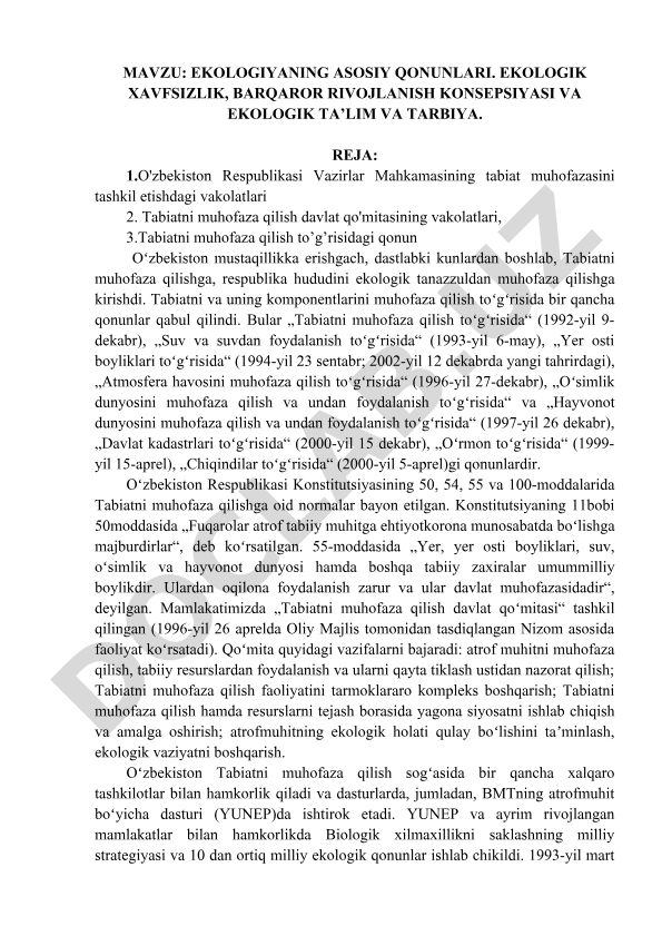Ekologiyaning asosiy qonunlari va ekologik xavfsizlik konsepsiyasi