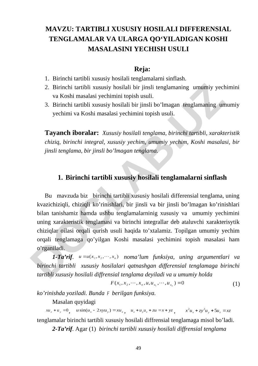 Tartibli xususiy hosilali differensial tenglamalar va ularga qo‘yiladigan Koshi masalasini yechish usuli