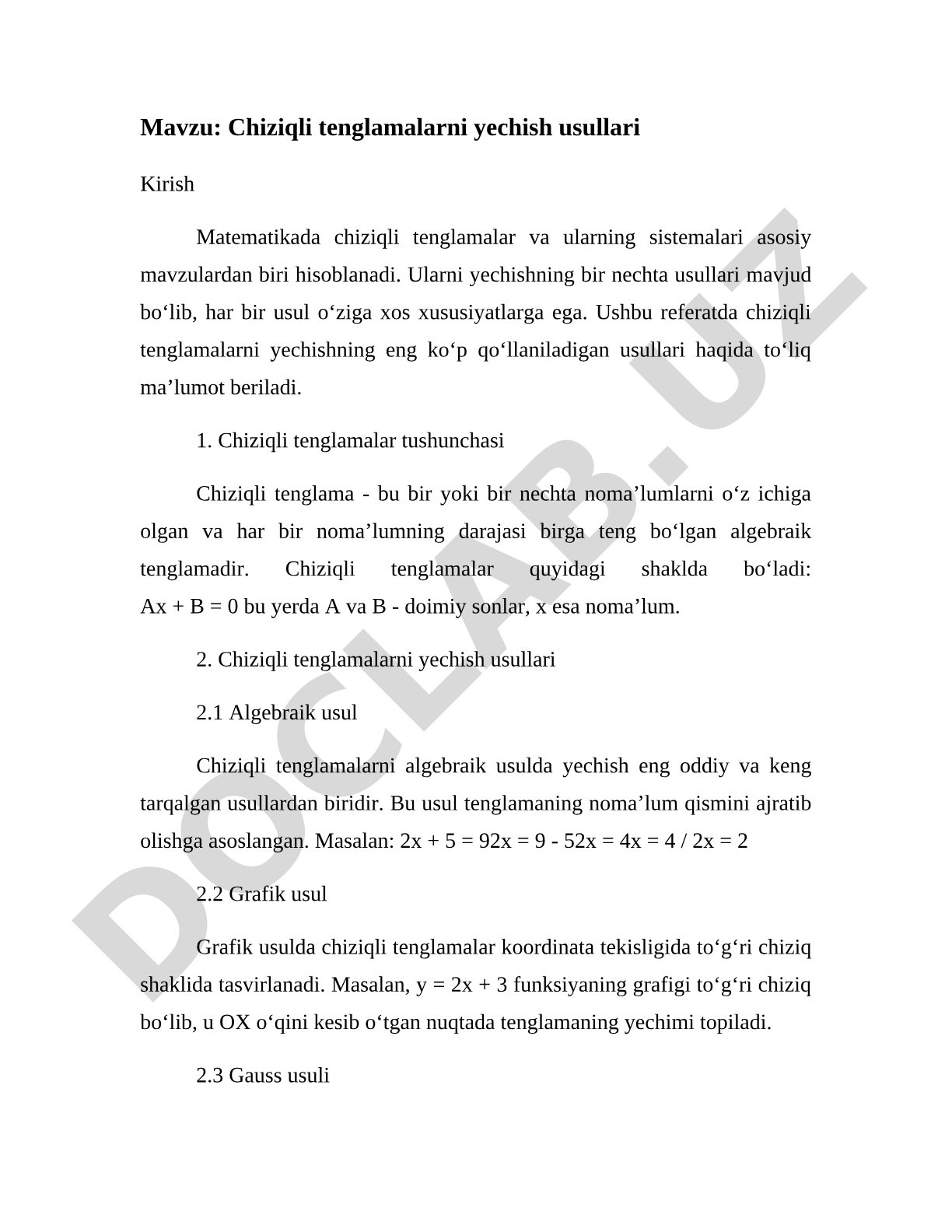 Chiziqli tenglamalar yechish usullari referati
