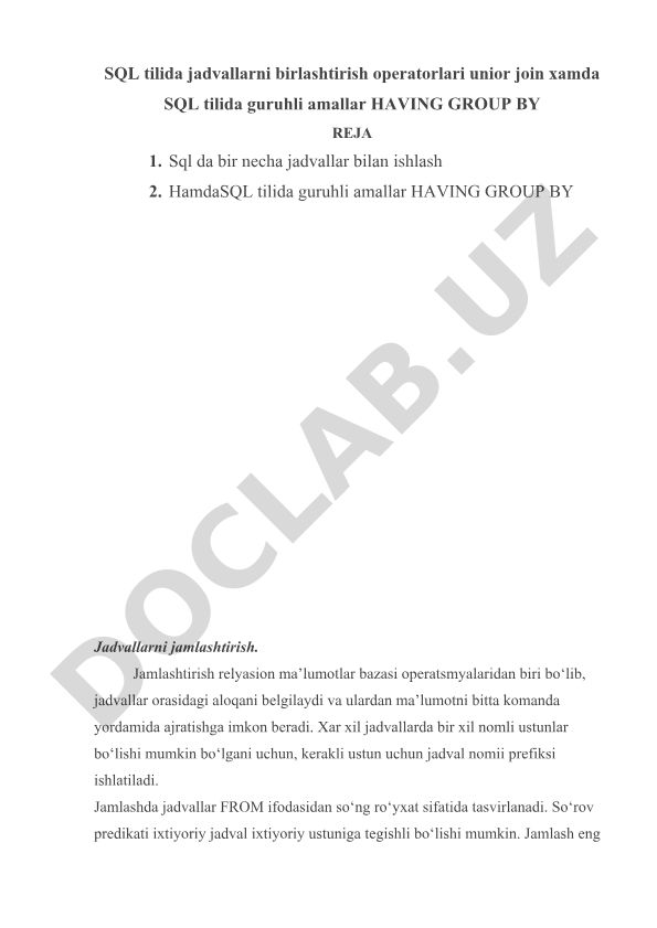 SQL tilida jadvallarni birlashtirish va guruhli amallar