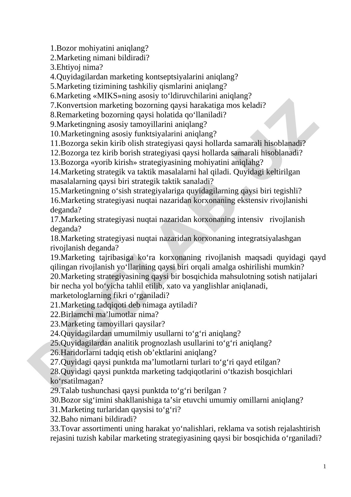 Marketing bo'yicha test savollari