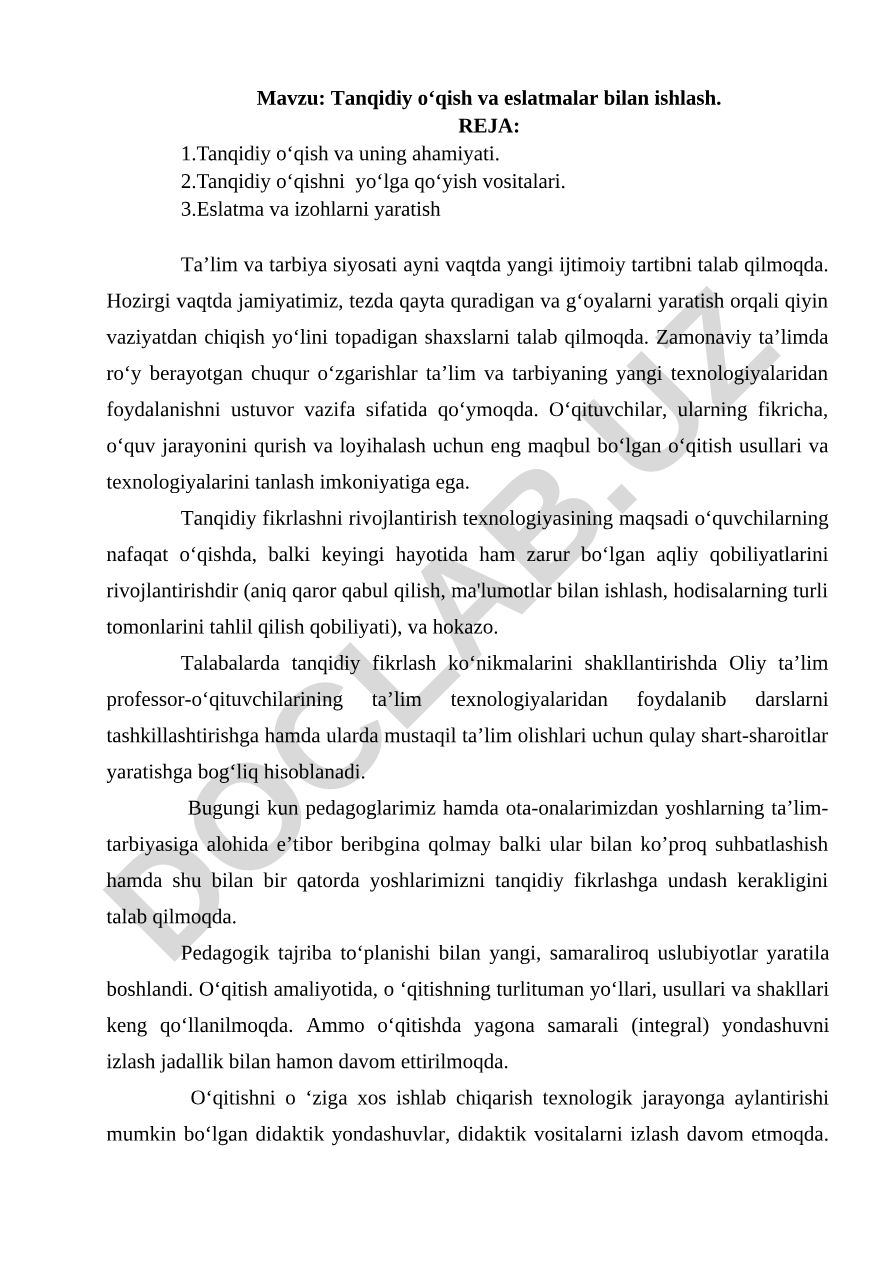 Tanqidiy o‘qish va eslatmalar bilan ishlash