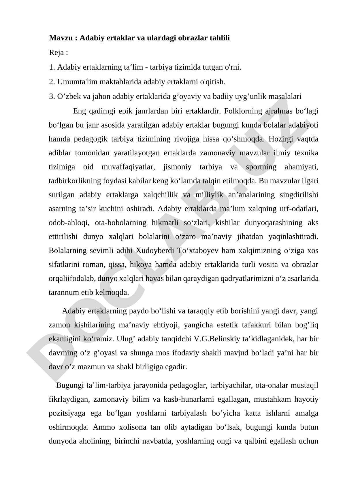 Adabiy ertaklar va ulardagi obrazlar tahlili