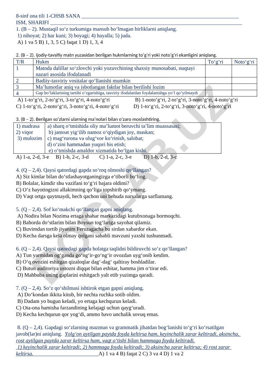 8-sinf ona tili 1-CHSB test topshiriqlari