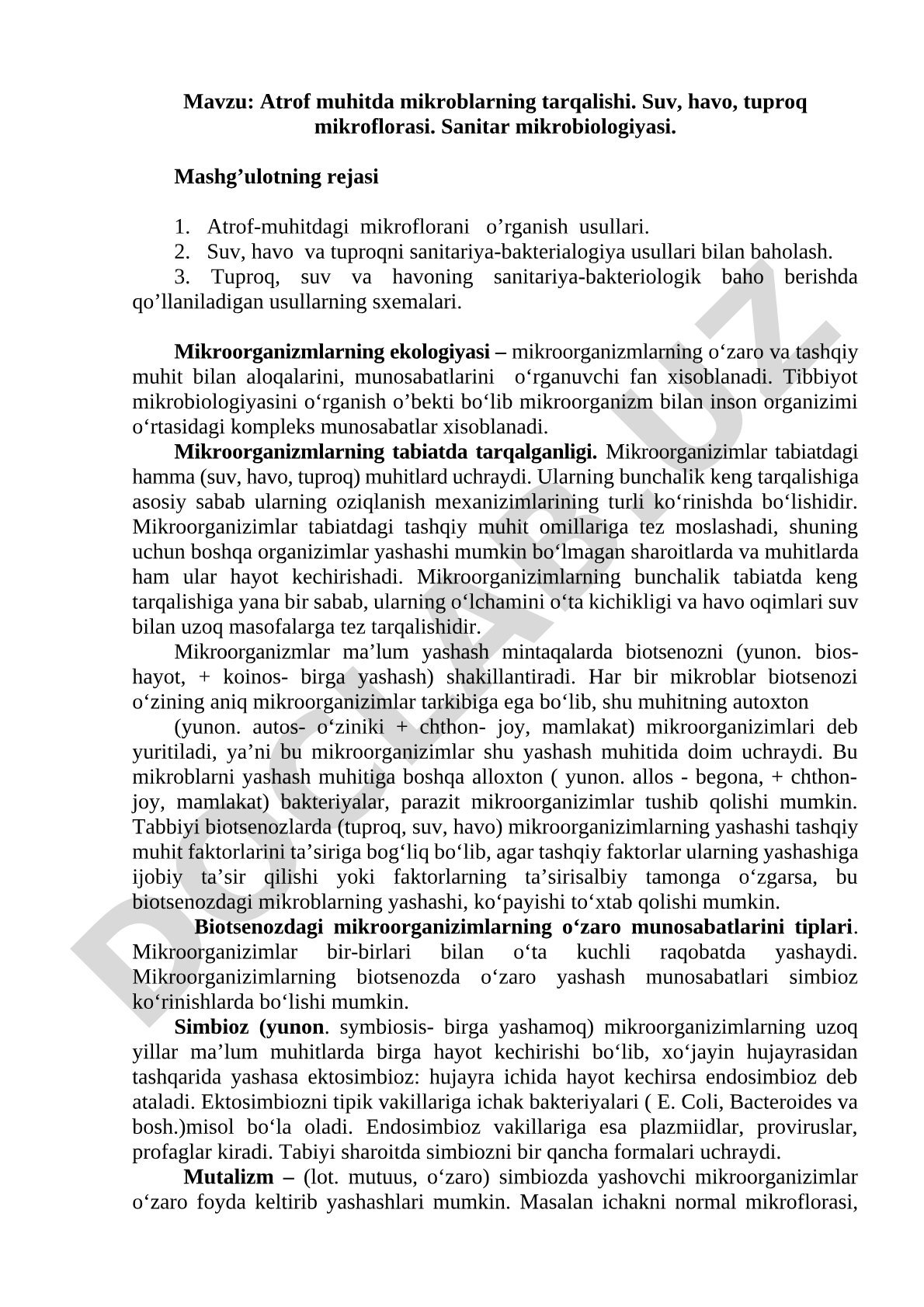 Atrof muhitda mikroblarning tarqalishi. Suv, havo, tuproq mikroflorasi. Sanitar mikrobiologiyasi.