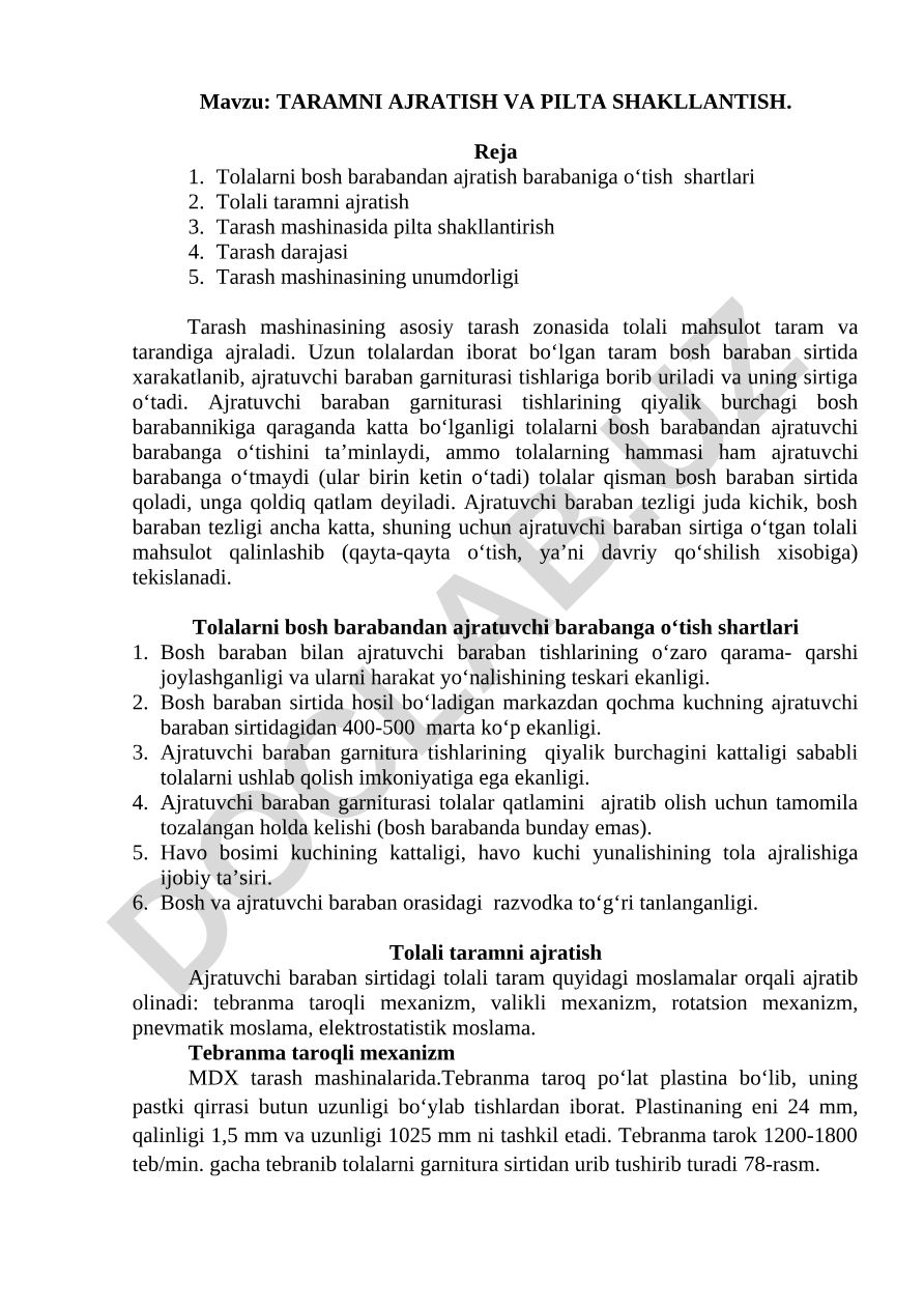 TARAMNI AJRATISH VA PILTA SHAKLLANTIRISH