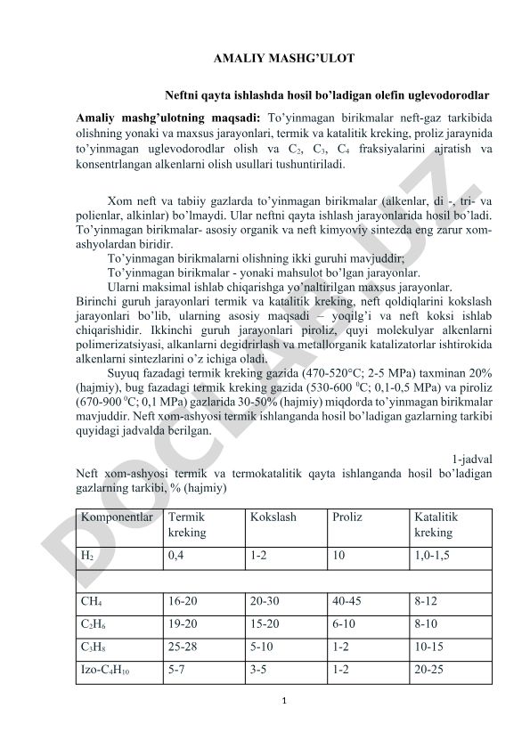 Neftni qayta ishlashda hosil bo'ladigan olefin uglevodorodlar
