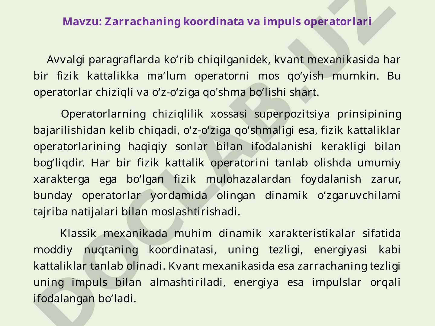 Zarrachaning koordinata va impuls operatorlari