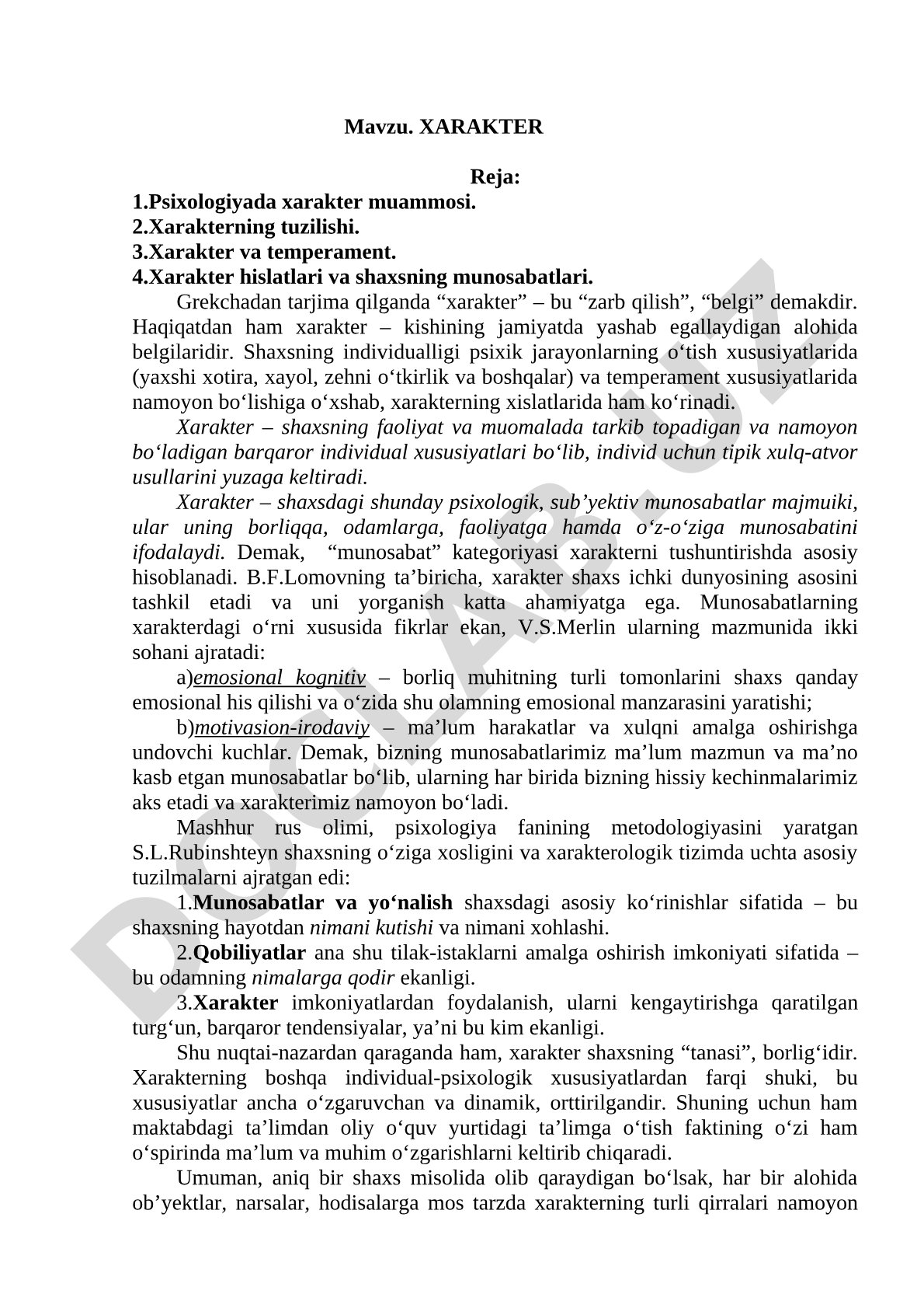 Xarakter muammosi va tuzilishi