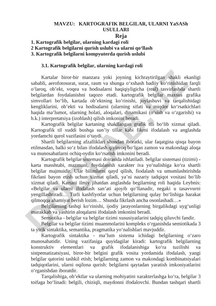 KARTOGRAFIK BELGILAR, ULARNI YaSASh USULLARI