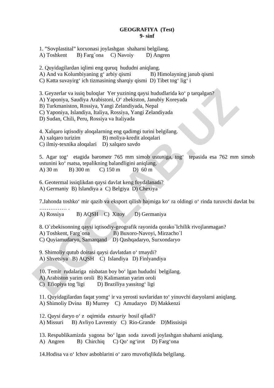 Geografiya fanidan 9-sinf uchun test savollari