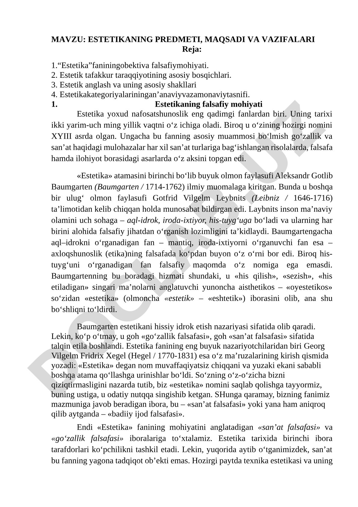 ESTETIKANING PREDMETI, MAQSADI VA VAZIFALARI