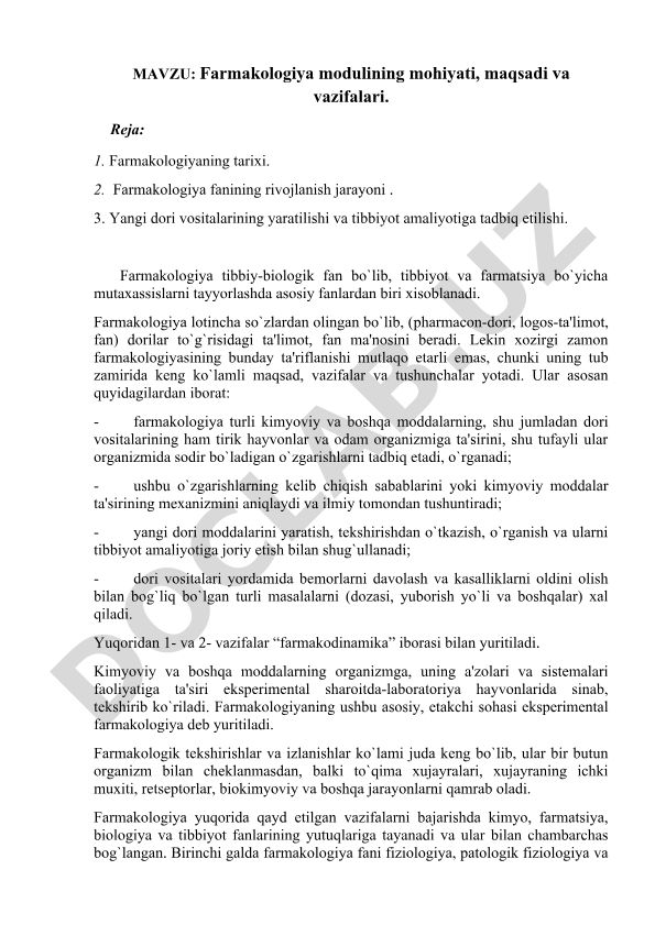 Farmakologiya modulining mohiyati, maqsadi va vazifalari
