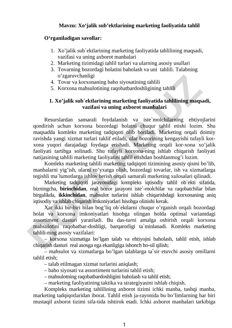 Xo‘jalik sub’ektlarining marketing faоliyatida tahlil O‘rganiladigan savоllar