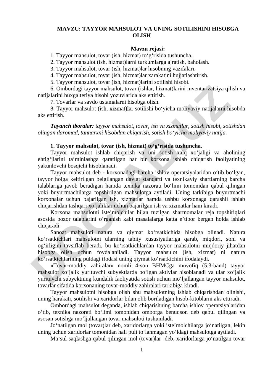 Tayyor mahsulot va uning sotilishini hisobga olish