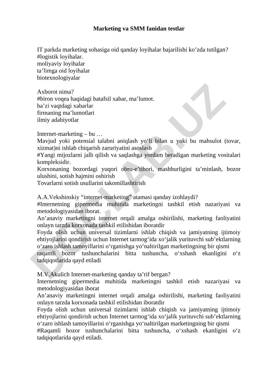 Marketing va SMM fanidan testlar