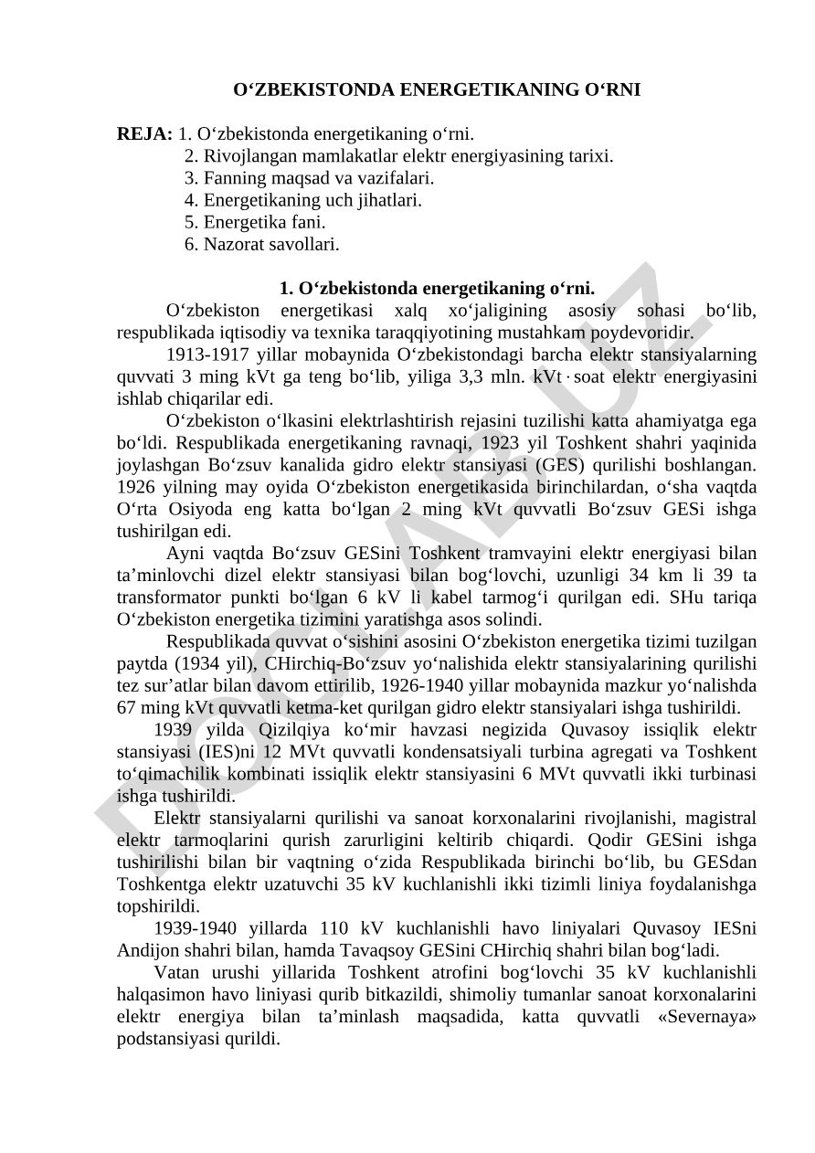 O‘zbekistonda energetikaning o‘rni
