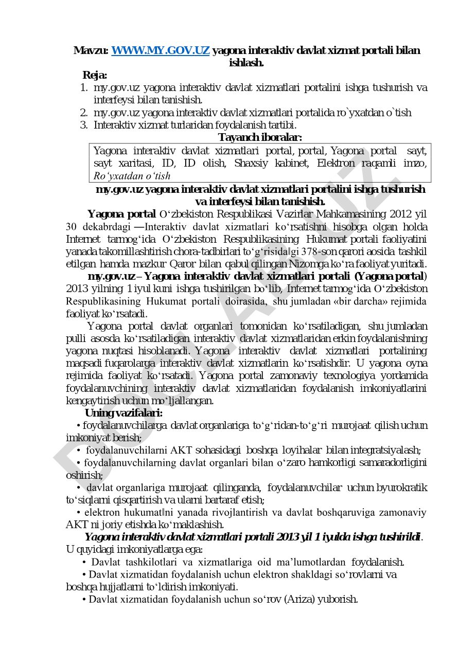 WWW.MY.GOV.UZ yagona interaktiv davlat xizmat portali bilan ishlash