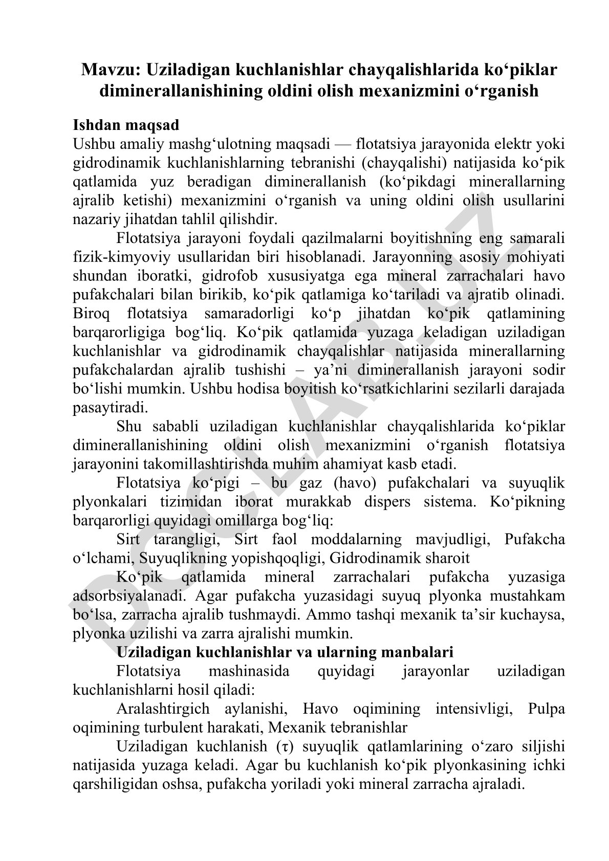 Uziladigan kuchlanishlar chayqalishlarida ko‘piklar diminerallanishining oldini olish mexanizmini o‘rganish