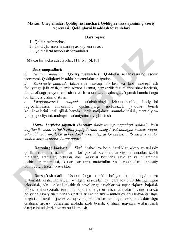 Chegirmalar. Qoldiq tushunchasi. Qoldiqlar nazariyasining asosiy teoremasi. Qoldiqlarni hisoblash formulalari
