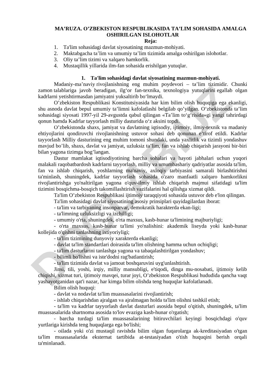 O'zbekiston Respublikasida ta'lim sohasida amalga oshirilgan islohotlar