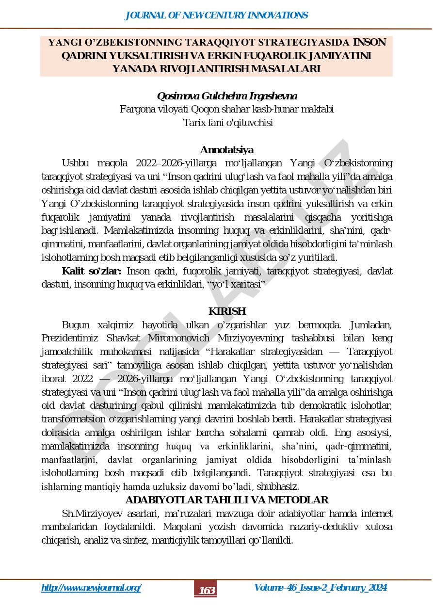 Yangi O’zbekistonning taraqqiyot strategiyasida inson qadrini yuksaltirish va erkin fuqarolik jamiyatini yanada rivojlantirish masalalari