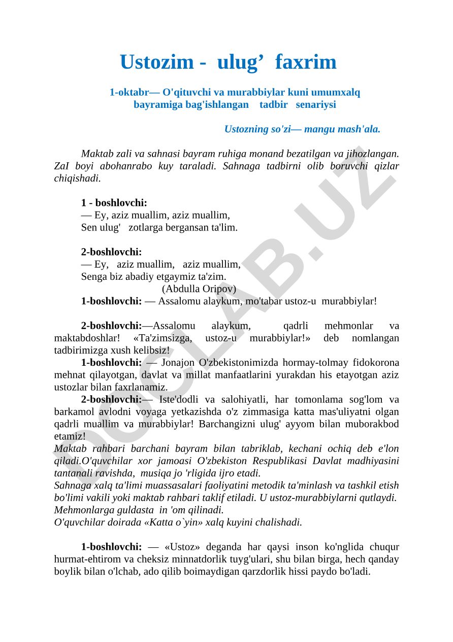 O'qituvchi va murabbiylar kuni bayram tadbiri senariysi