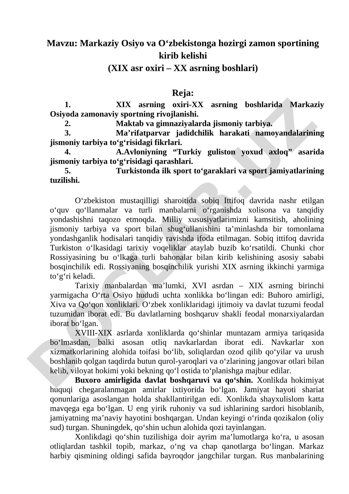 Markaziy Osiyo va O‘zbekistonga hozirgi zamon sportining kirib kelishi (XIX asr oxiri – XX asrning boshlari)