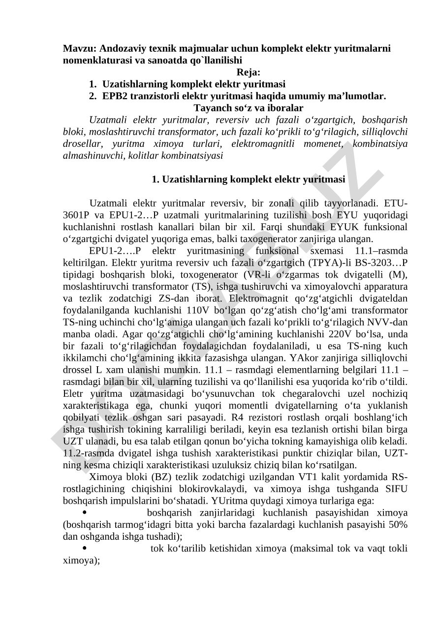 Andozaviy texnik majmualar uchun komplekt elektr yuritmalarni nomenklaturasi va sanoatda qo`llanilishi