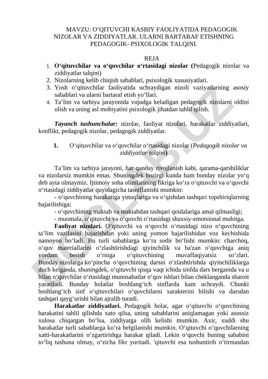 O‘qituvchi kasbiy faoliyatida pedagogik nizolar va ziddiyatlar. Ularni bartaraf etishning pedagogik-psixologik talqini