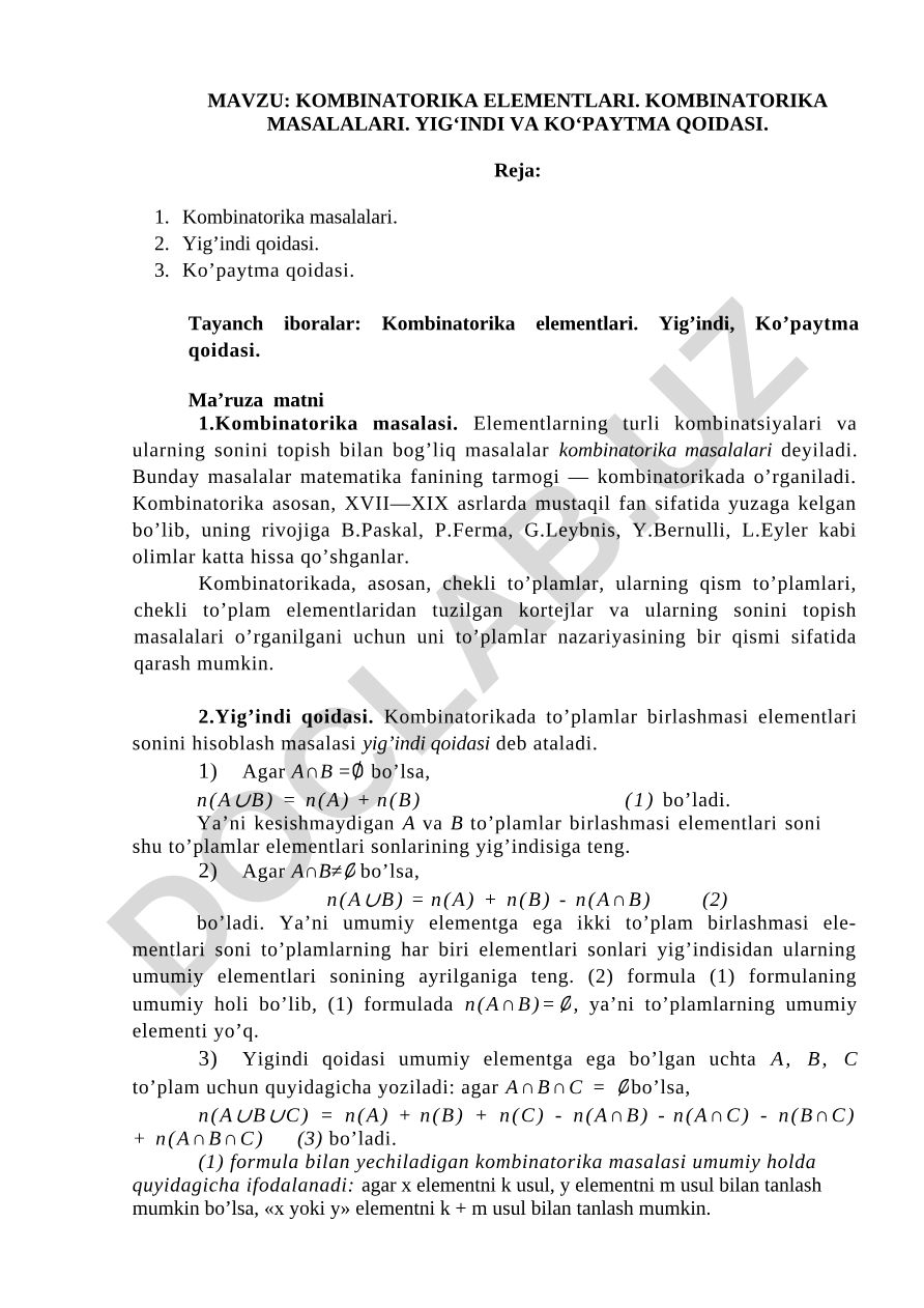KOMBINATORIKA ELЕMЕNTLARI. KOMBINATORIKA MASALALARI. YIG‘INDI VA KO‘PAYTMA QOIDASI
