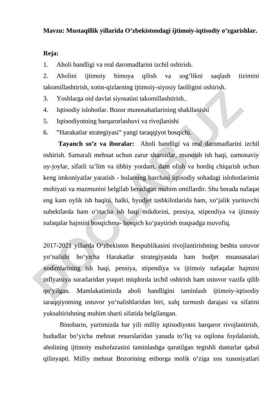 Mustaqillik yillarida O‘zbekistondagi ijtimoiy-iqtisodiy o‘zgarishlar