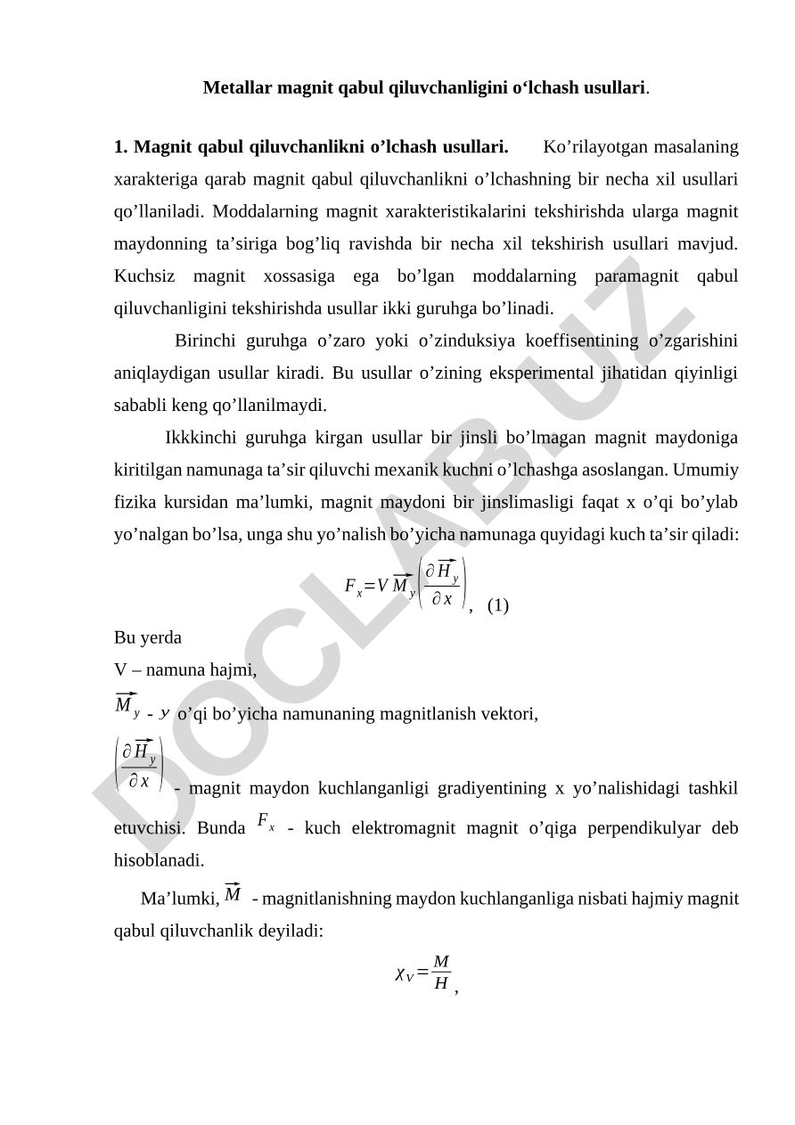 Metallar magnit qabul qiluvchanligini o‘lchash usullari