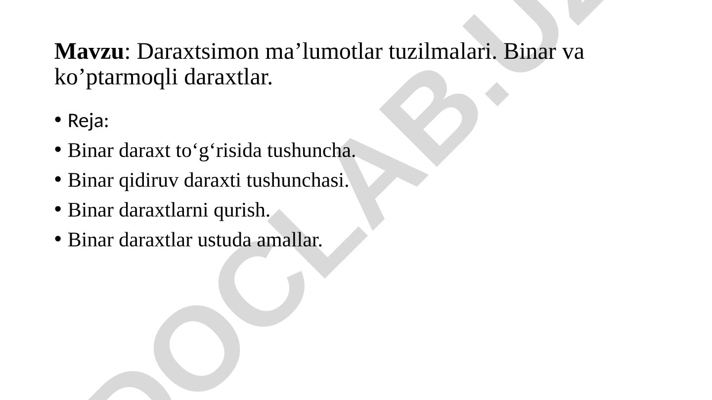 Daraxtsimon ma’lumotlar tuzilmalari. Binar va ko’ptarmoqli daraxtlar
