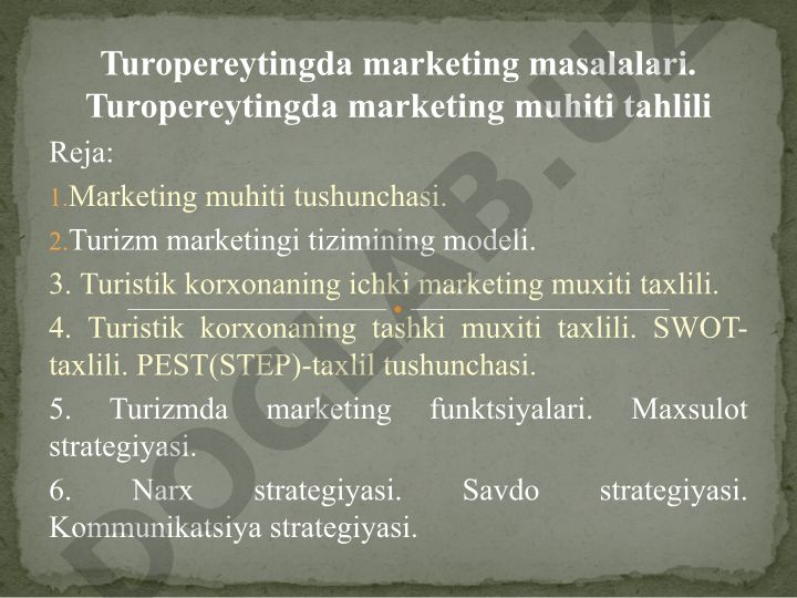 Turopereytingda marketing masalalari va muhit tahlili