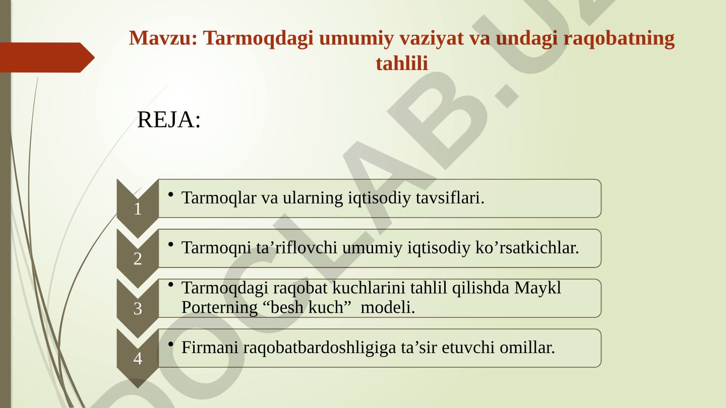 Tarmoqdagi umumiy vaziyat va undagi raqobatning tahlili