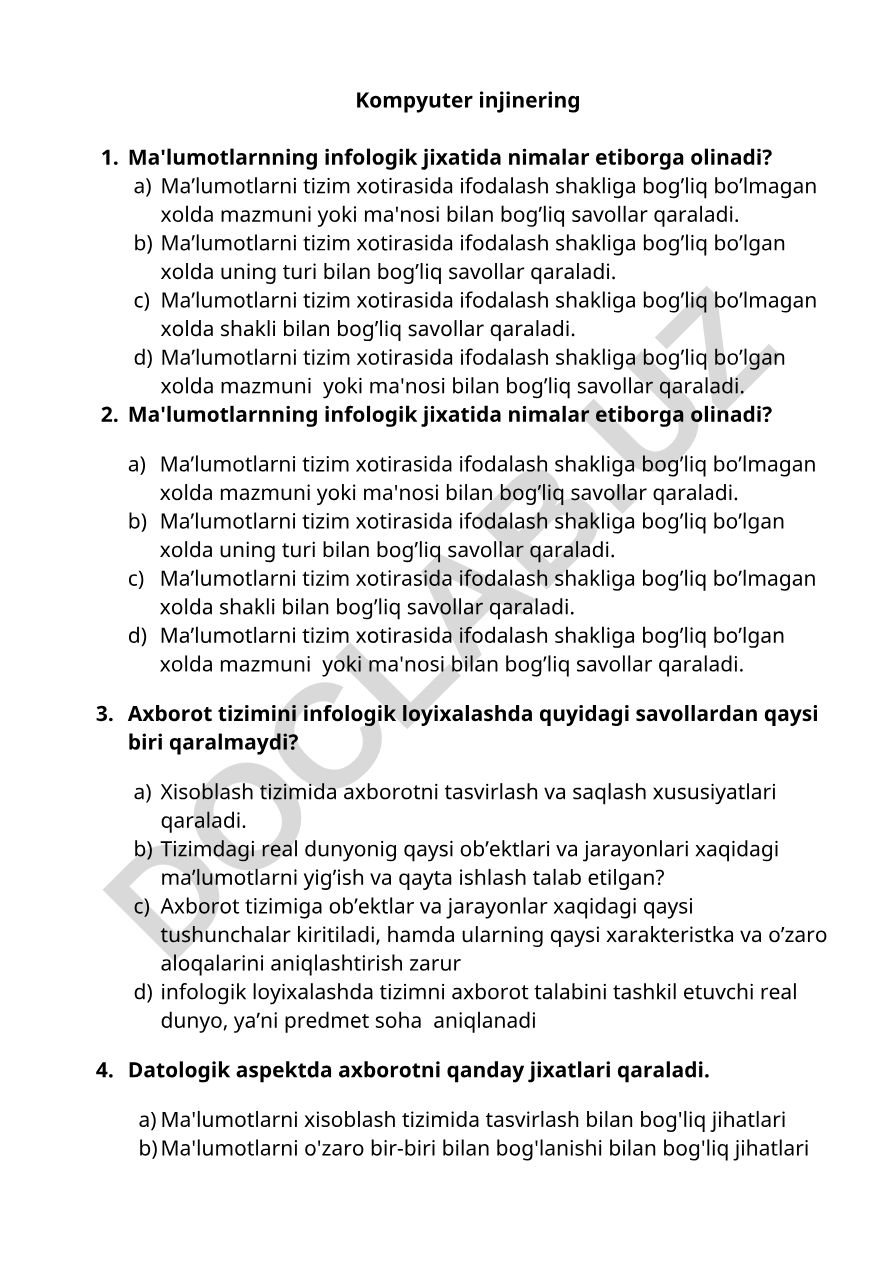 Kompyuter injinering Ma'lumotlarnning infologik jixatida etiborga olinadigan jihatlar