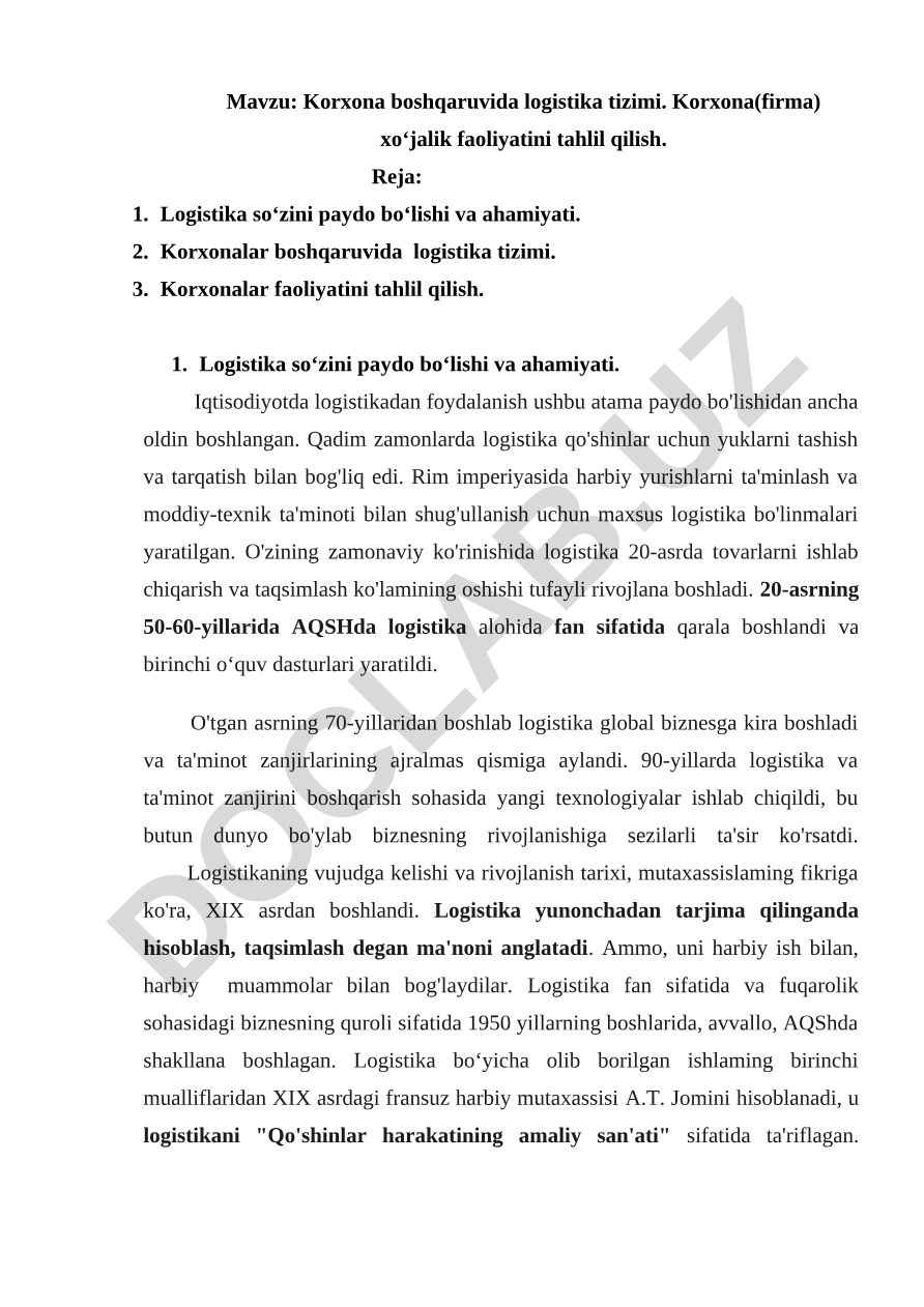 Korxona boshqaruvida logistika tizimi