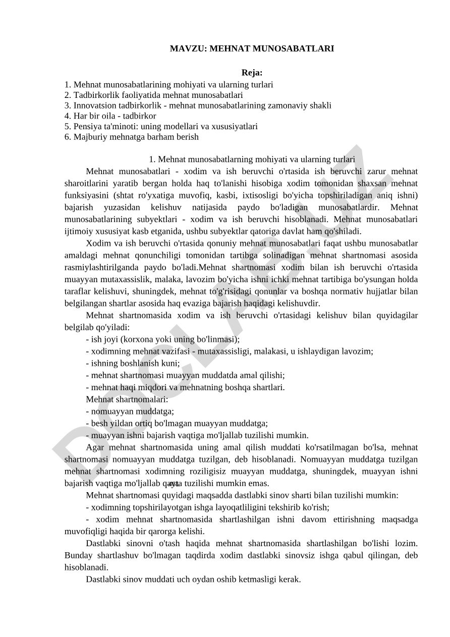 MEHNAT MUNOSABATLARI